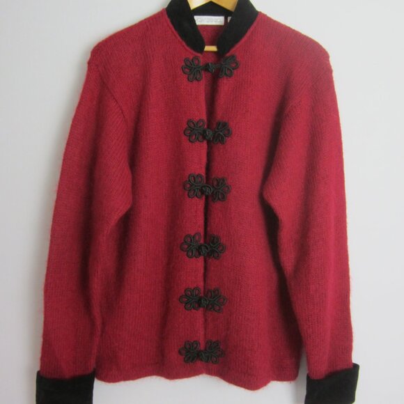 Vtg Cherry Webb Co Womens XL Red Black Velvet Collar LS Mohair Wool Cardigan - Picture 5 of 12
